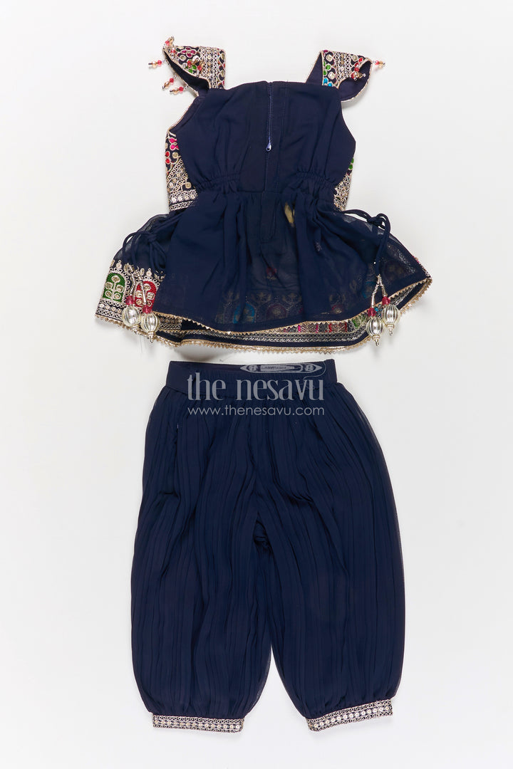 Girls Navy Blue Georgette Churidar Dress with Thread Embroidery and Colorful Sequins for Festive Charm