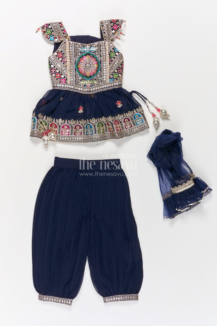 Girls Navy Blue Georgette Churidar Dress with Thread Embroidery and Colorful Sequins for Festive Charm