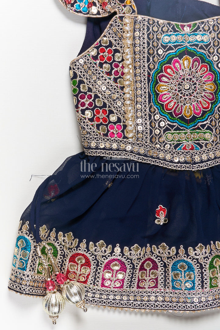 Girls Navy Blue Georgette Churidar Dress with Thread Embroidery and Colorful Sequins for Festive Charm