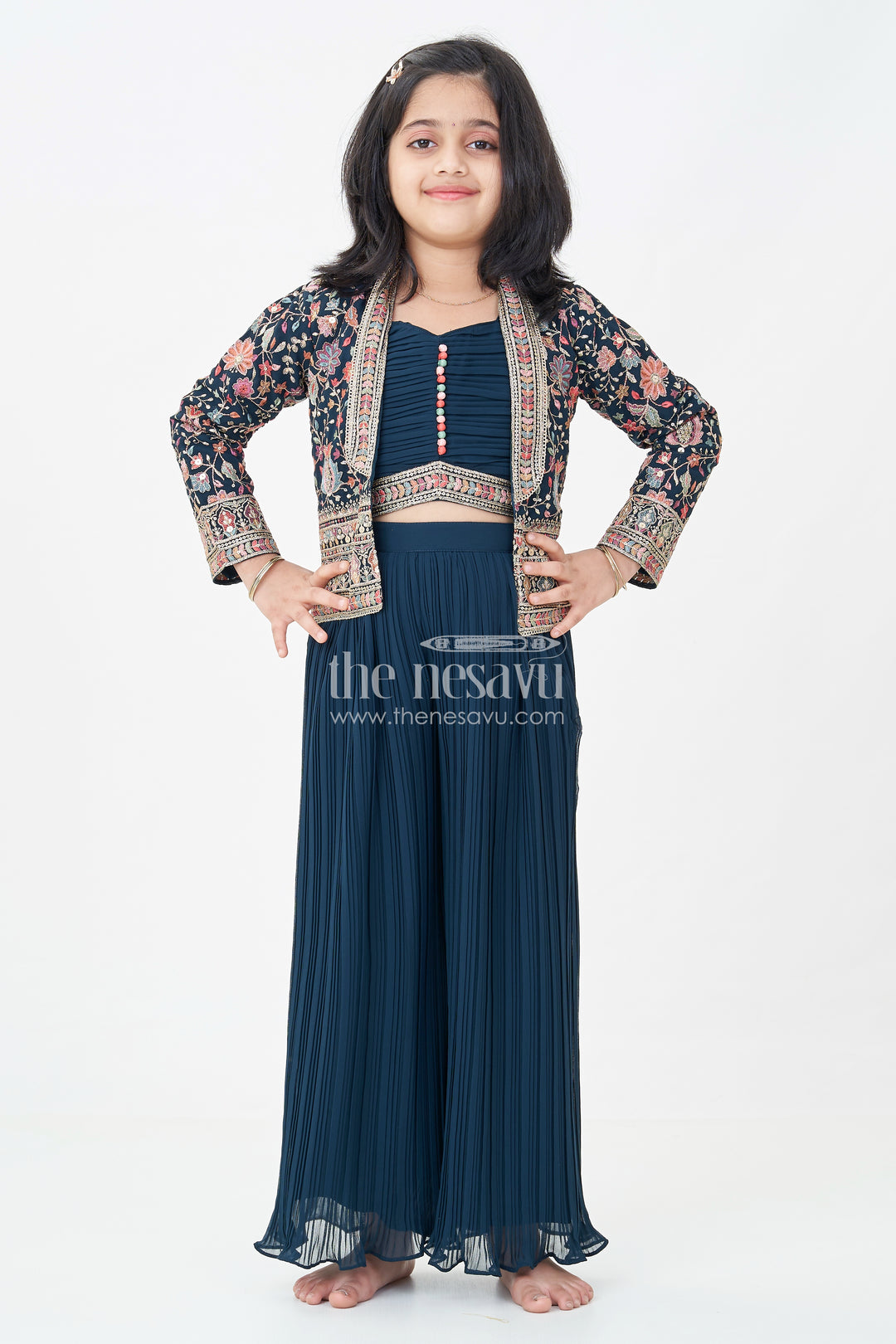 Girls Top with Sharara Set in Georgette with Designer Embroidered Jacket and Flared Pants
