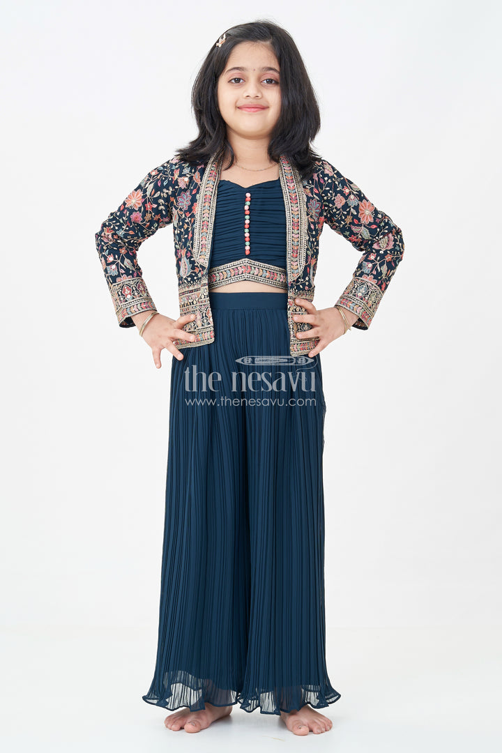 Girls Top with Sharara Set in Georgette with Designer Embroidered Jacket and Flared Pants
