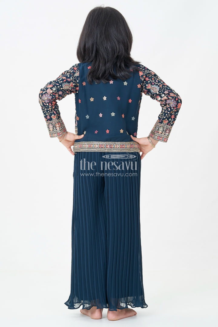 Girls Top with Sharara Set in Georgette with Designer Embroidered Jacket and Flared Pants