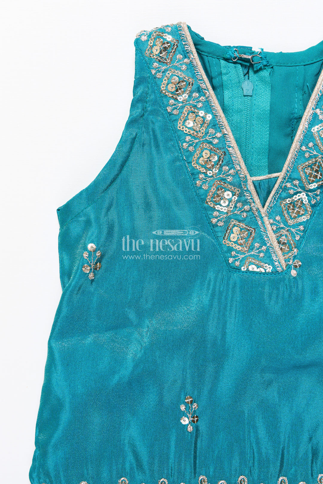 Pleated Sharara Set in Teal Banarasi Kora Silk with Sequence Embroidery for Girls