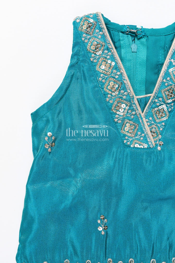 Pleated Sharara Set in Teal Banarasi Kora Silk with Sequence Embroidery for Girls