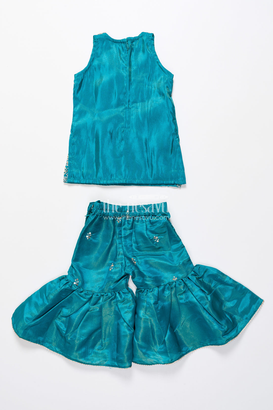 Pleated Sharara Set in Teal Banarasi Kora Silk with Sequence Embroidery for Girls
