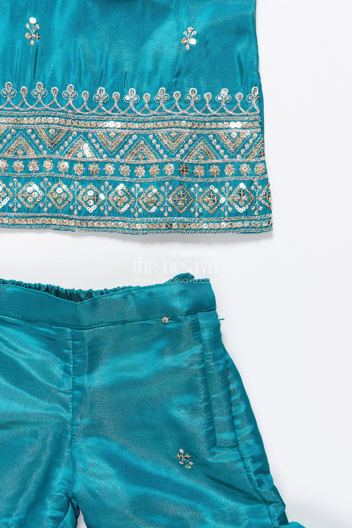 Pleated Sharara Set in Teal Banarasi Kora Silk with Sequence Embroidery for Girls