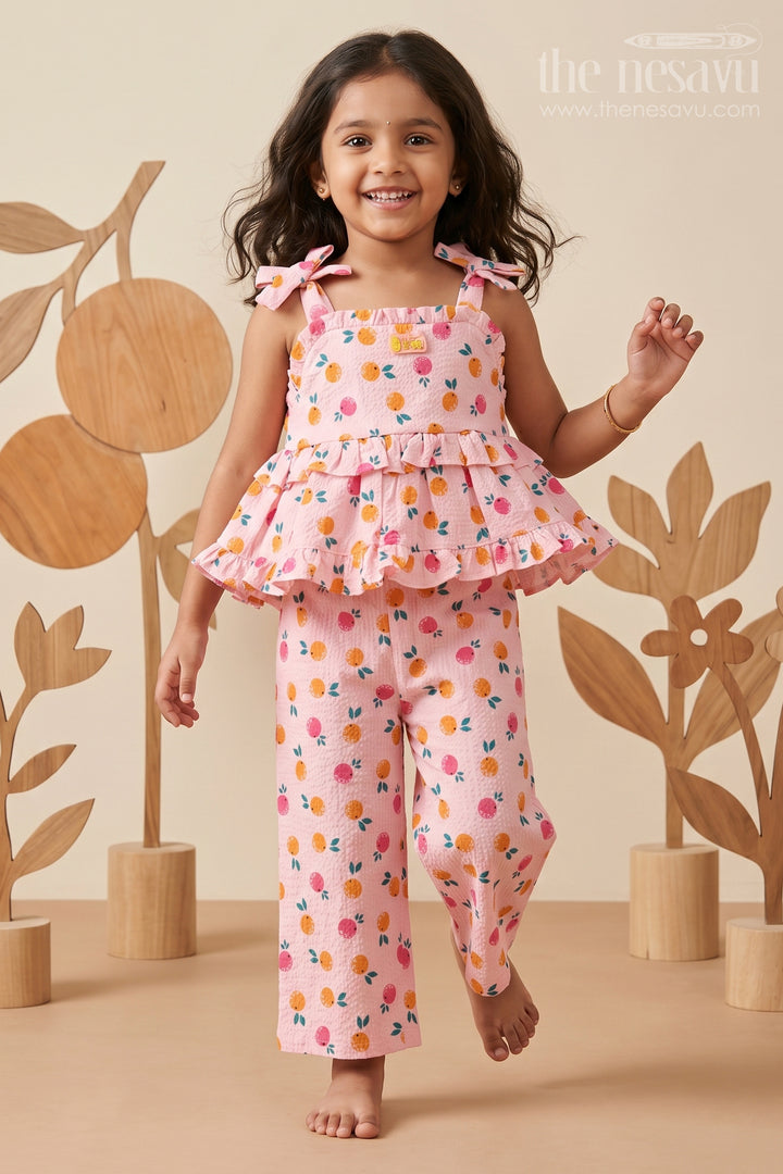 Girls Muslin Pink Ethnic Wear Set with Ruffle Top and Printed Pants for Comfortable Everyday Style