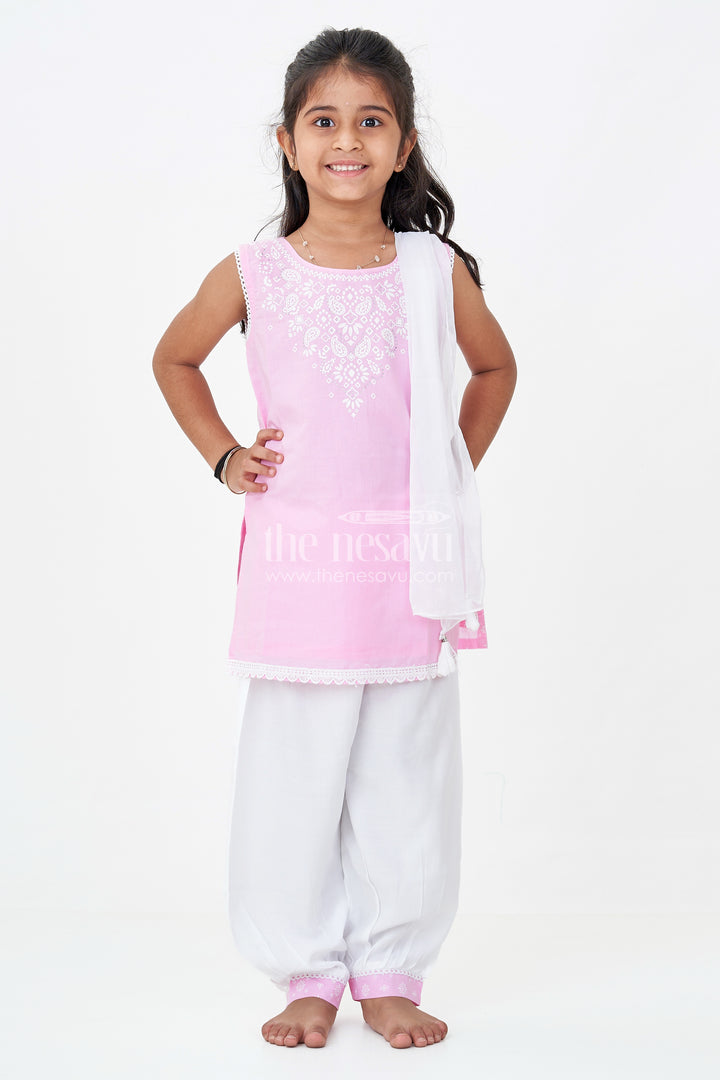 Girls Cotton Printed Pink Chudi Set with Stone Embellishment and Intricate Embroidery Accents