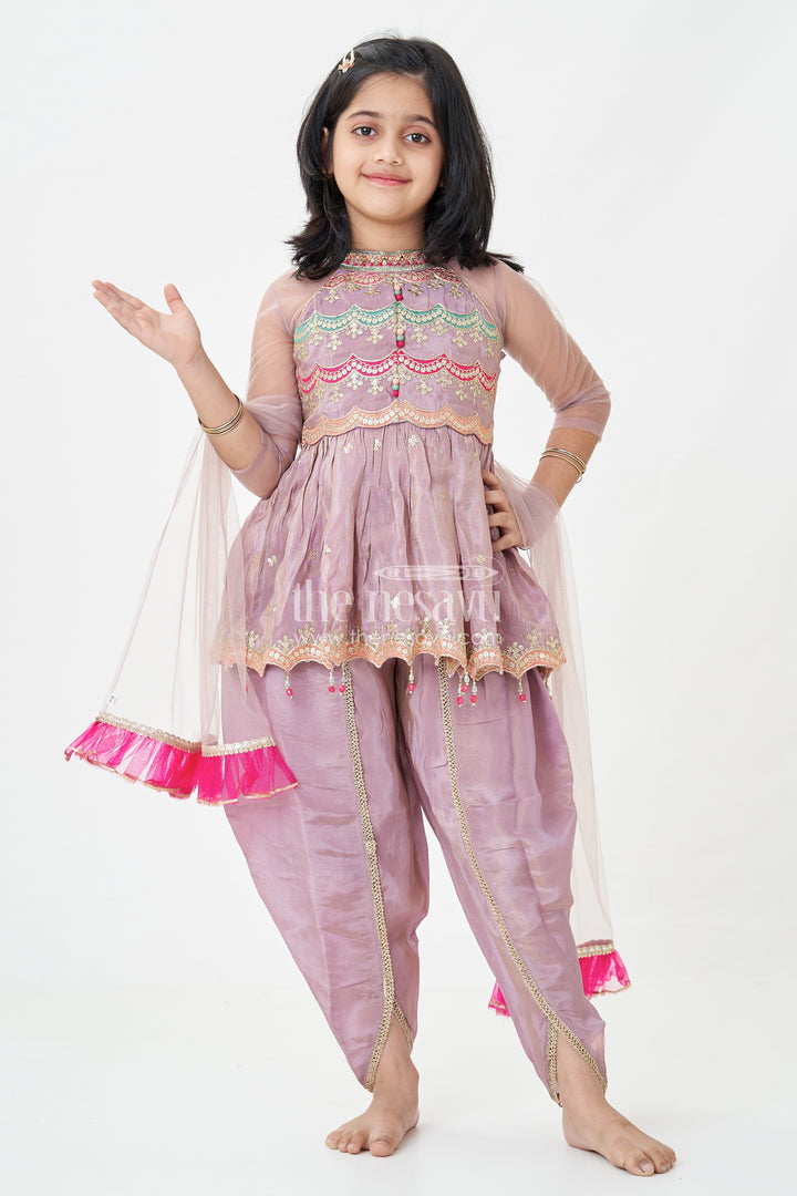 Girls Shimmer Sharara Kurta Set in Mauve Viscose Silk with Designer Embroidery and Jacket