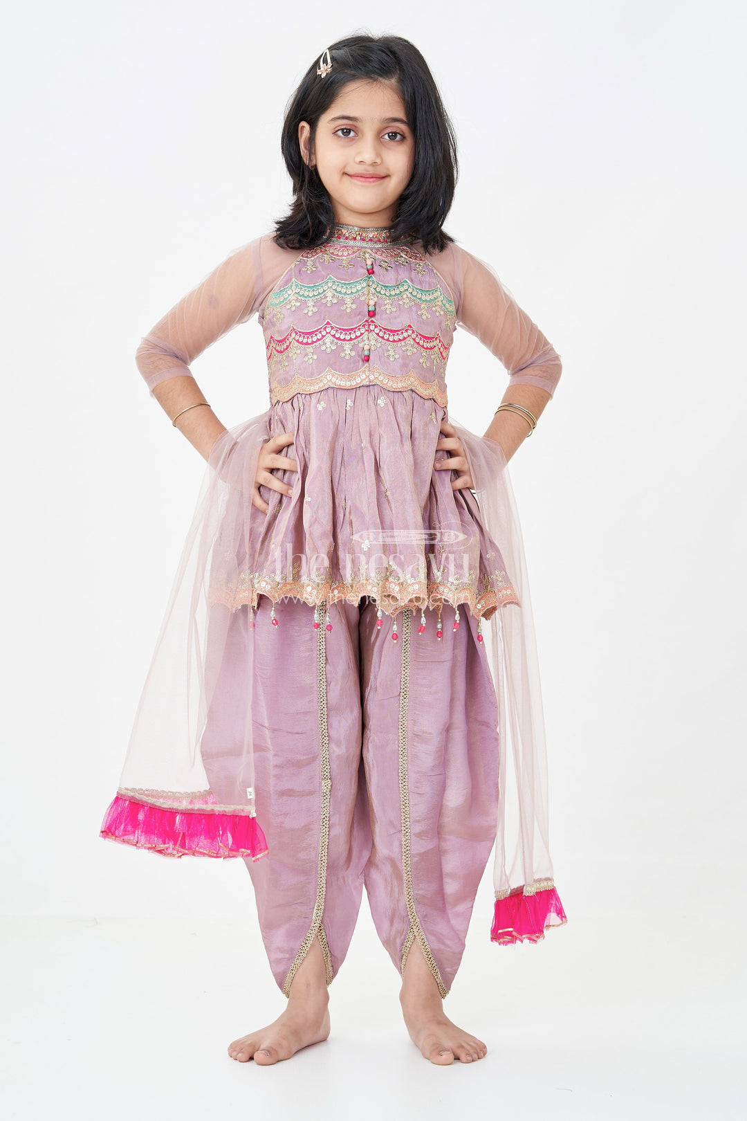 Girls Shimmer Sharara Kurta Set in Mauve Viscose Silk with Designer Embroidery and Jacket