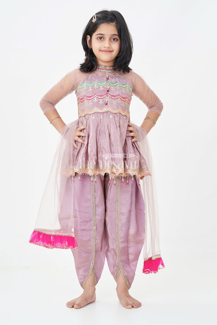 Girls Shimmer Sharara Kurta Set in Mauve Viscose Silk with Designer Embroidery and Jacket
