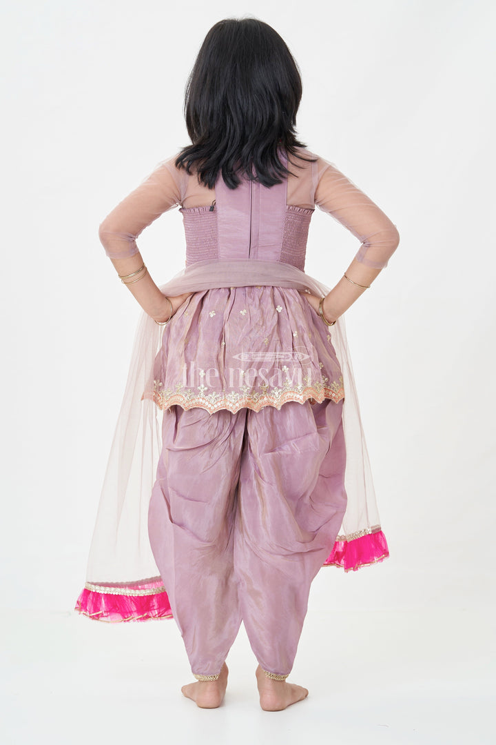 Girls Shimmer Sharara Kurta Set in Mauve Viscose Silk with Designer Embroidery and Jacket