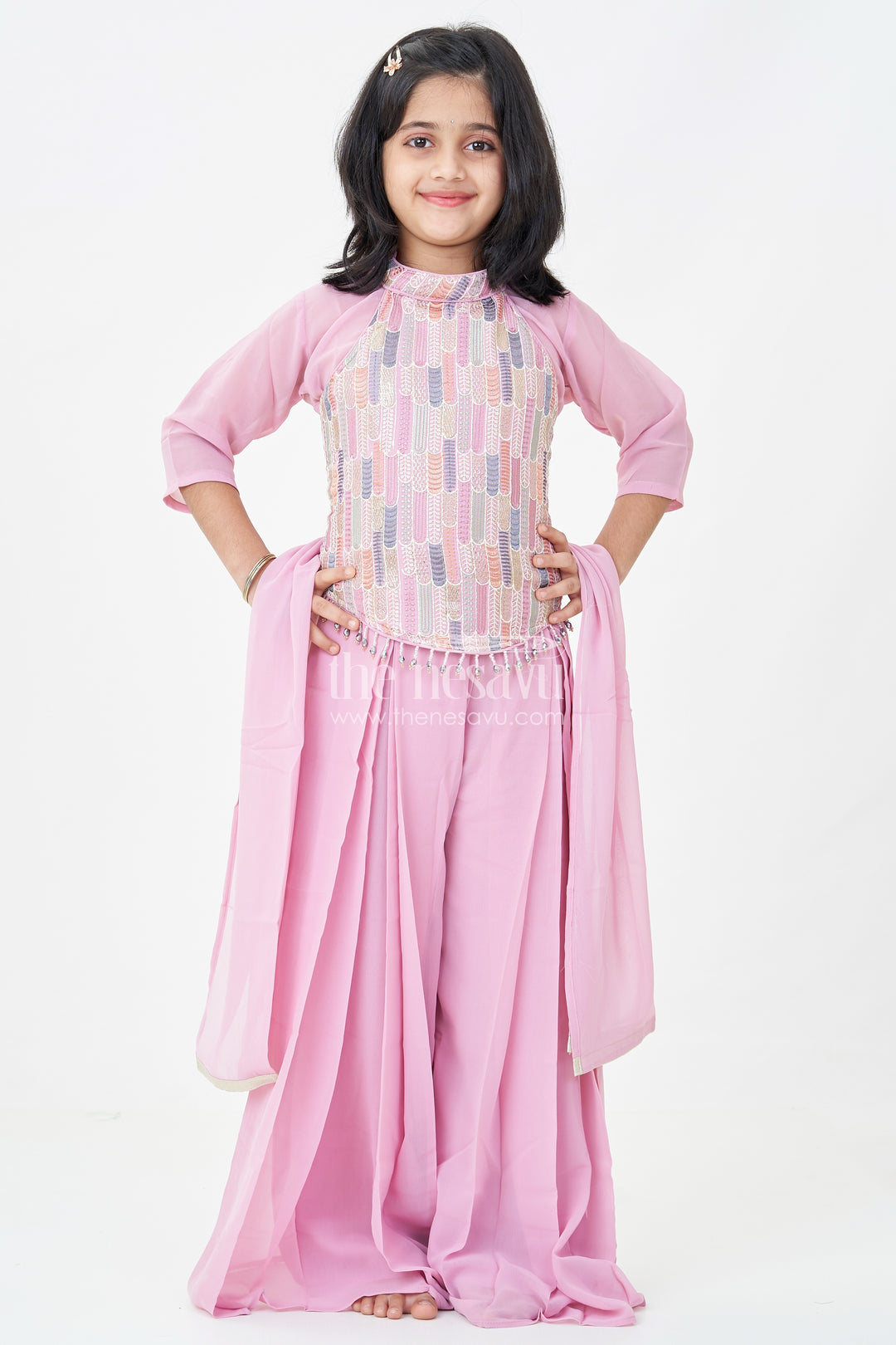 Girls Georgette Sharara Suit in Mauve with Embroidered Yoke and Palazzo Pants Set