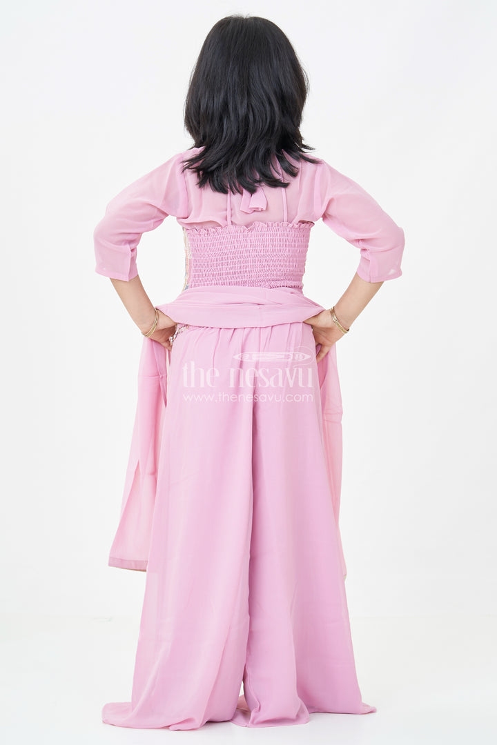 Girls Georgette Sharara Suit in Mauve with Embroidered Yoke and Palazzo Pants Set