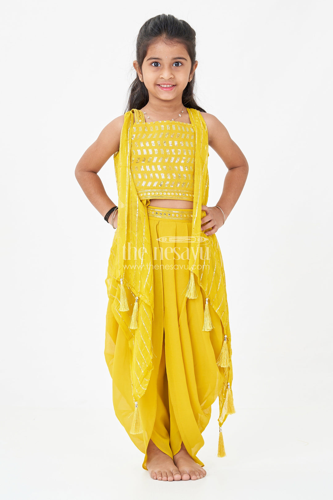 Girls Dhoti Style Palazzo Set in Mustard Georgette with Designer Embroidered Yoke and Tassel Dupatta