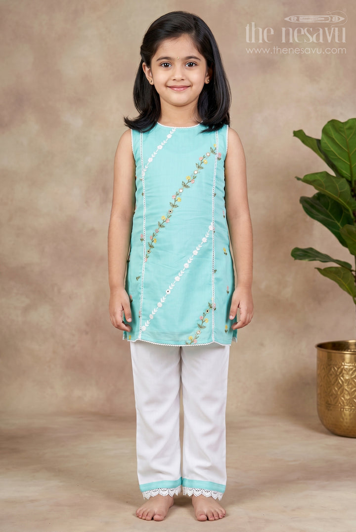 Girls Casual Smart Dresses in Cotton with Turquoise Embroidered Sleeveless Top and White Pants
