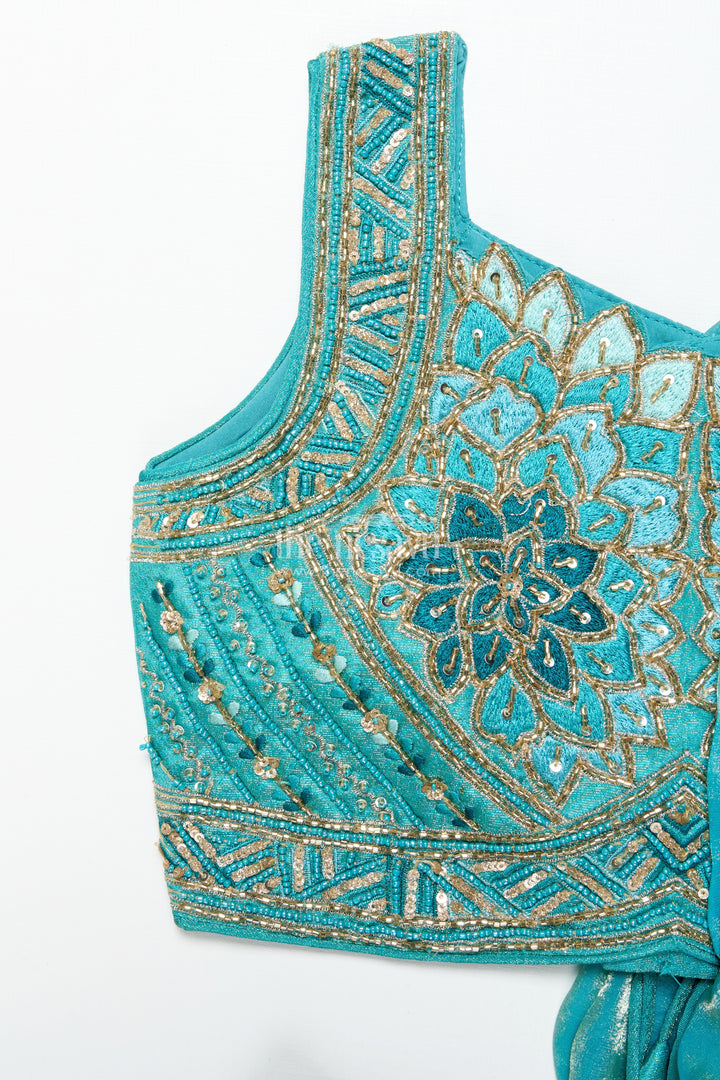 Girls turquoise organza sharara set with embroidered blouse for weddings