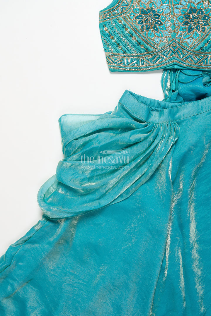Girls turquoise organza sharara set with embroidered blouse for weddings