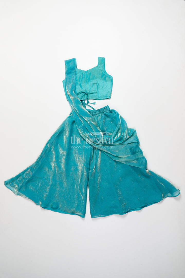Girls turquoise organza sharara set with embroidered blouse for weddings