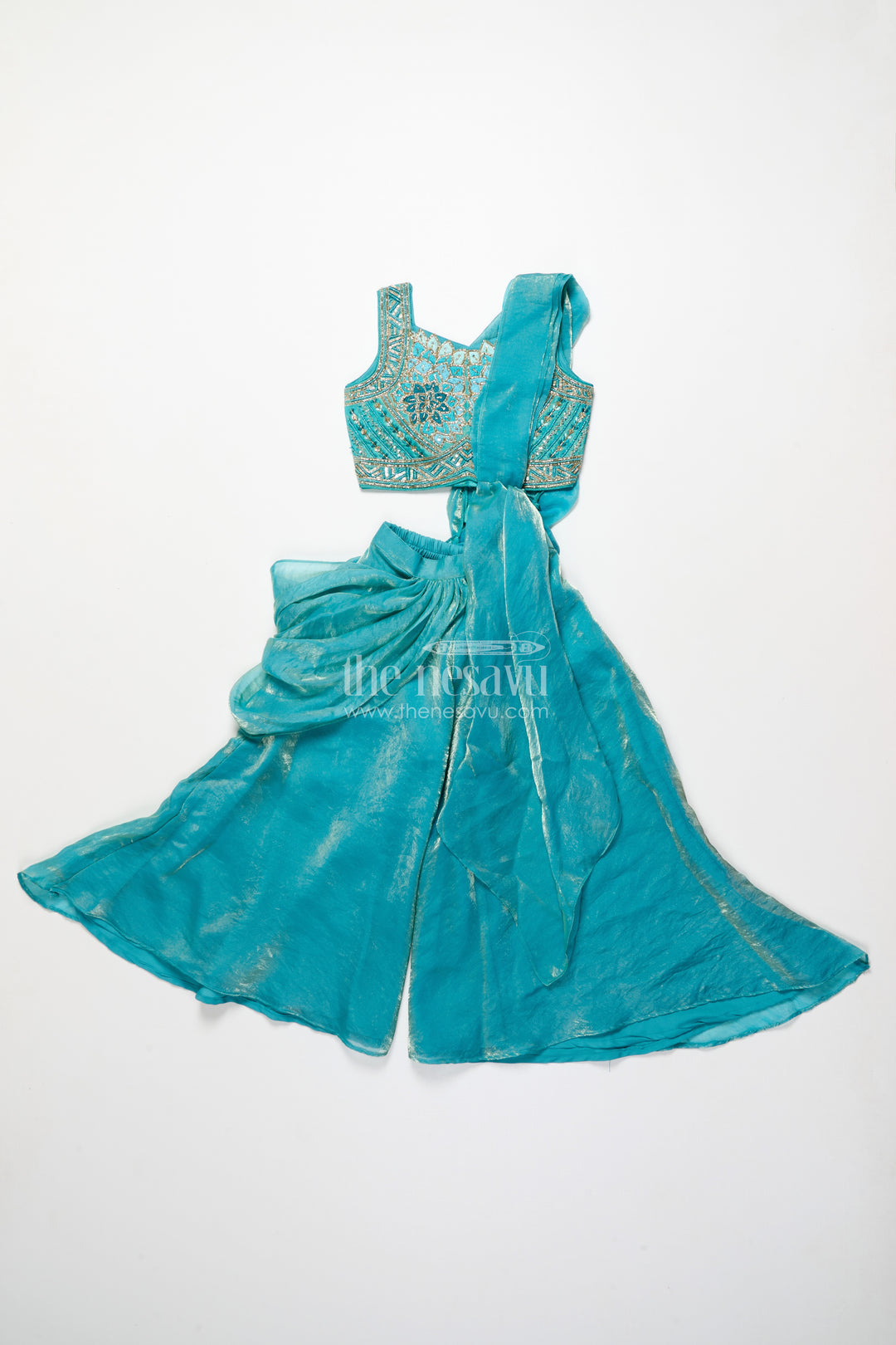 Girls turquoise organza sharara set with embroidered blouse for weddings