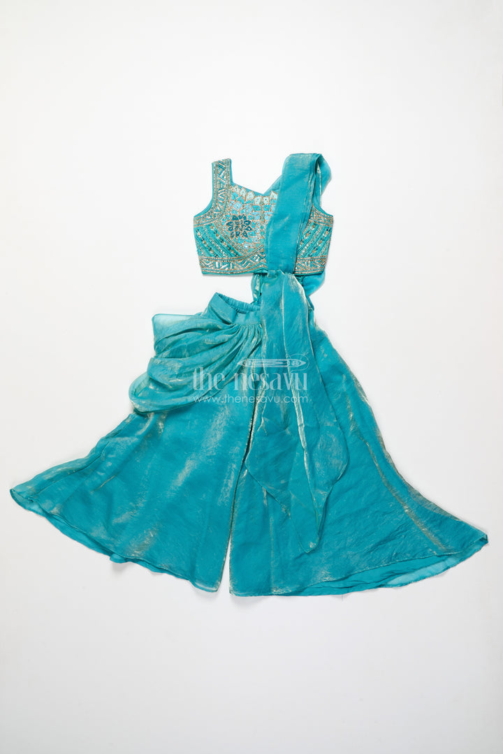 Girls turquoise organza sharara set with embroidered blouse for weddings