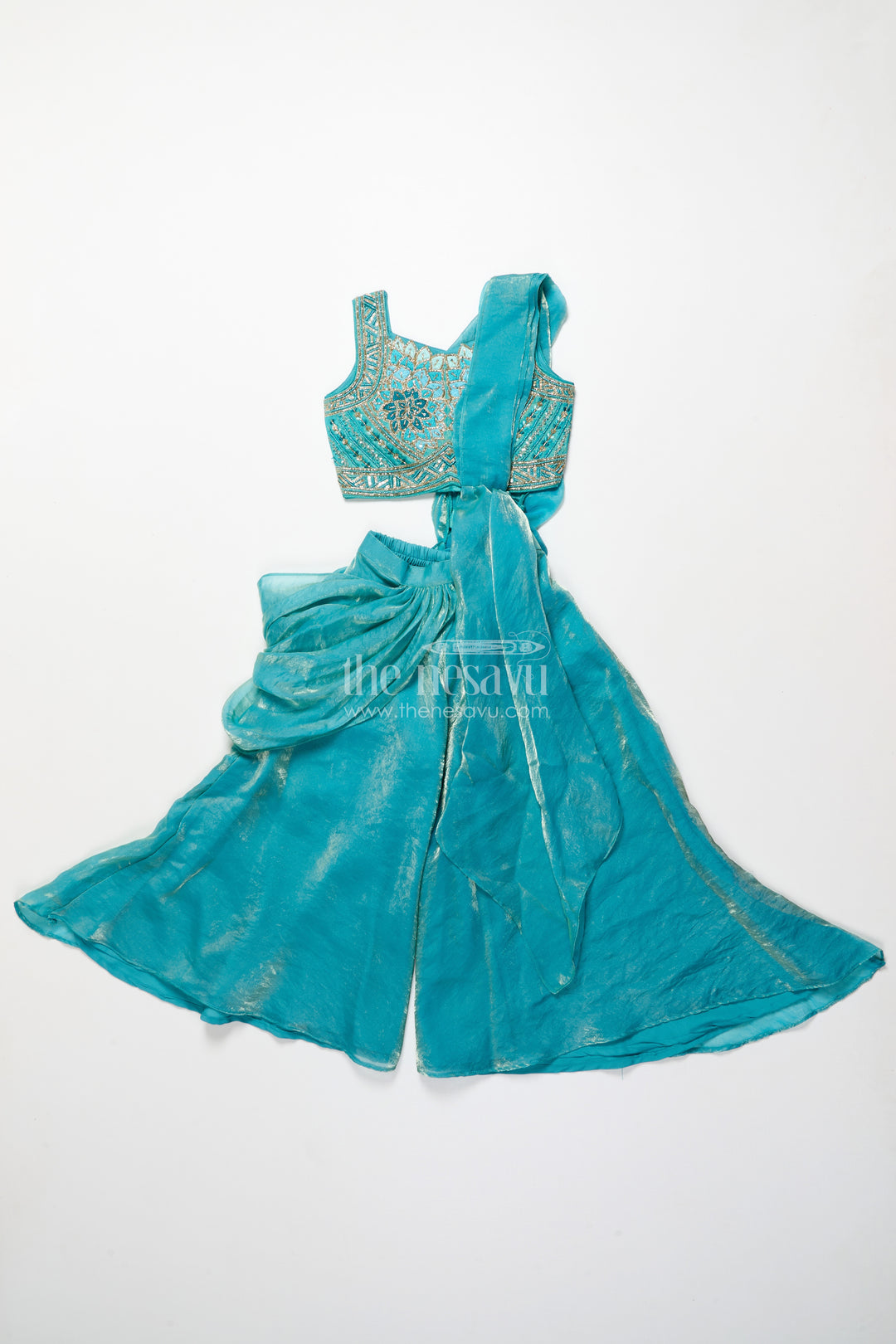 Girls turquoise organza sharara set with embroidered blouse for weddings