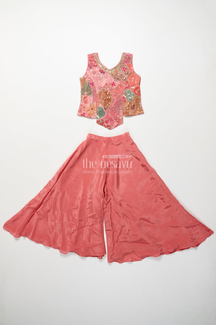 Girls peach palazzo set with embroidered blouse for ethnic celebrations