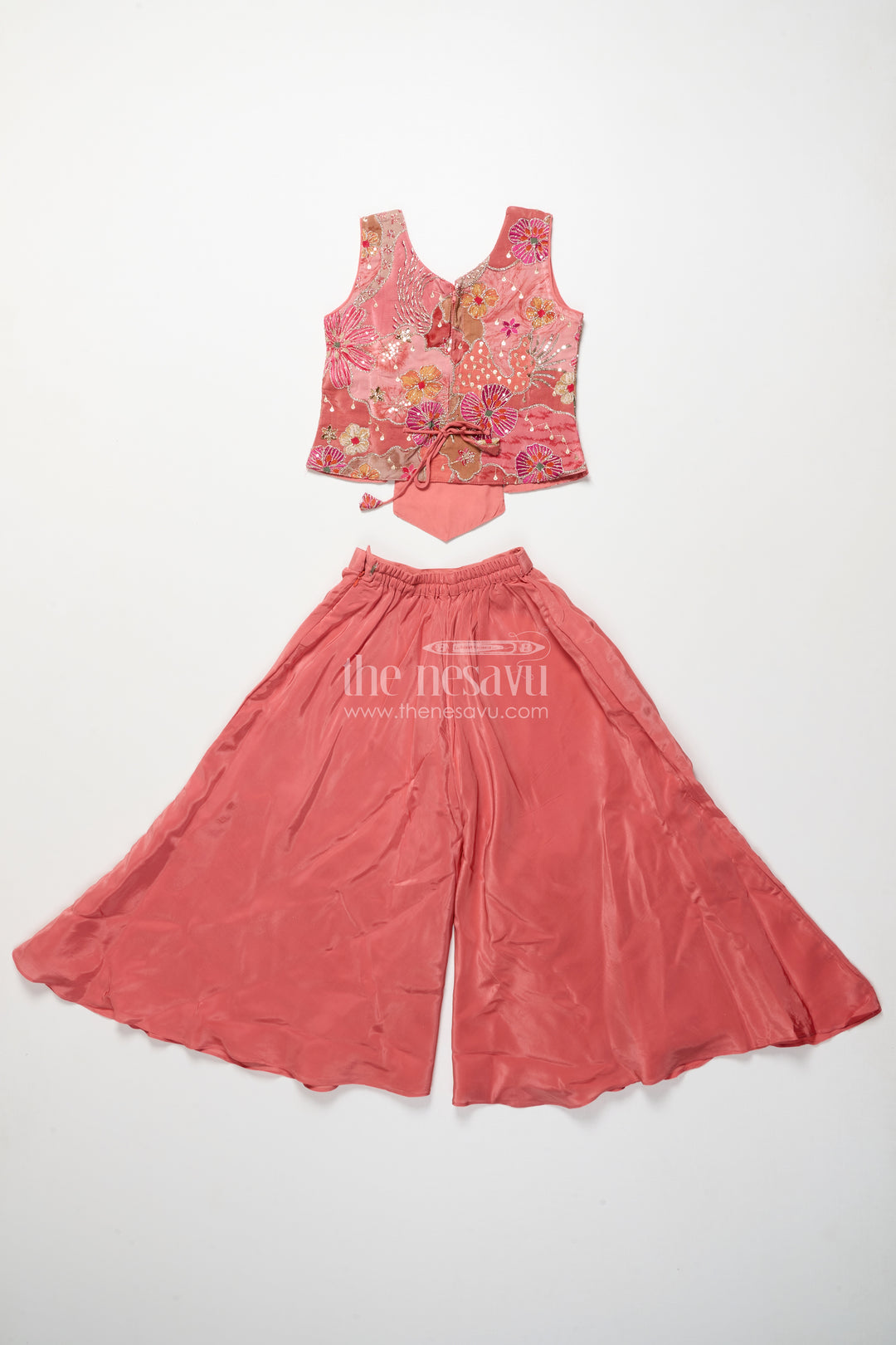 Girls peach palazzo set with embroidered blouse for ethnic celebrations
