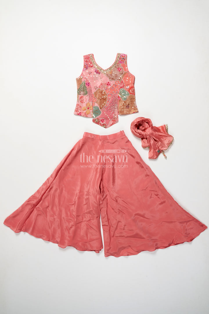 Girls peach palazzo set with embroidered blouse for ethnic celebrations