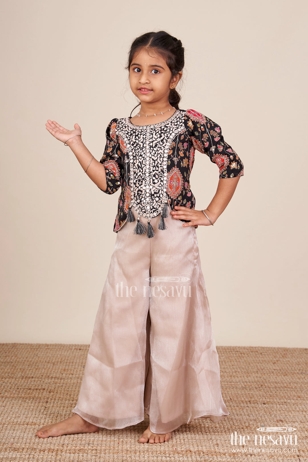 Traditional Plazo Set with Mirror Embroidery Jacket for Girls