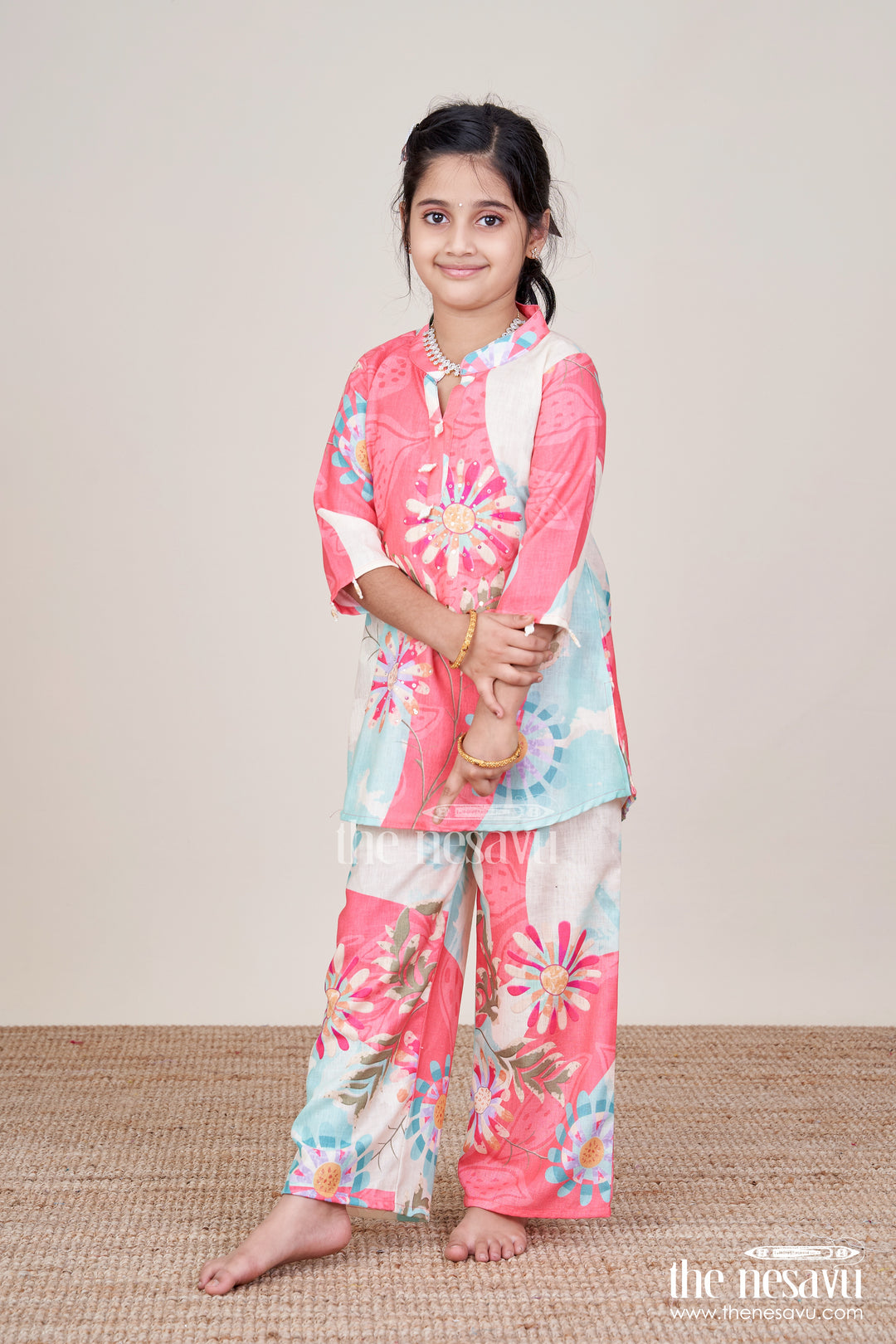 Girls Multicolor Cotton Plazo Set with Floral Digital Print for Casual Festive Days