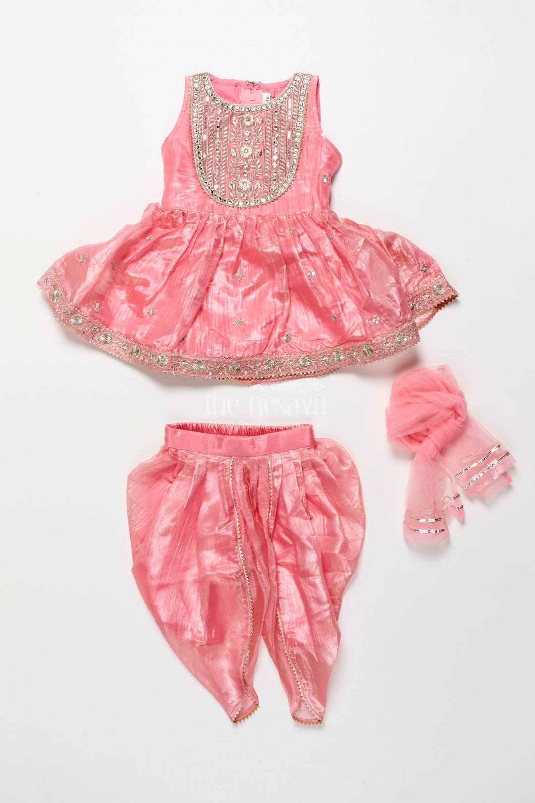 Baby girl peach organza sharara set with designer embroidery for festive occasions