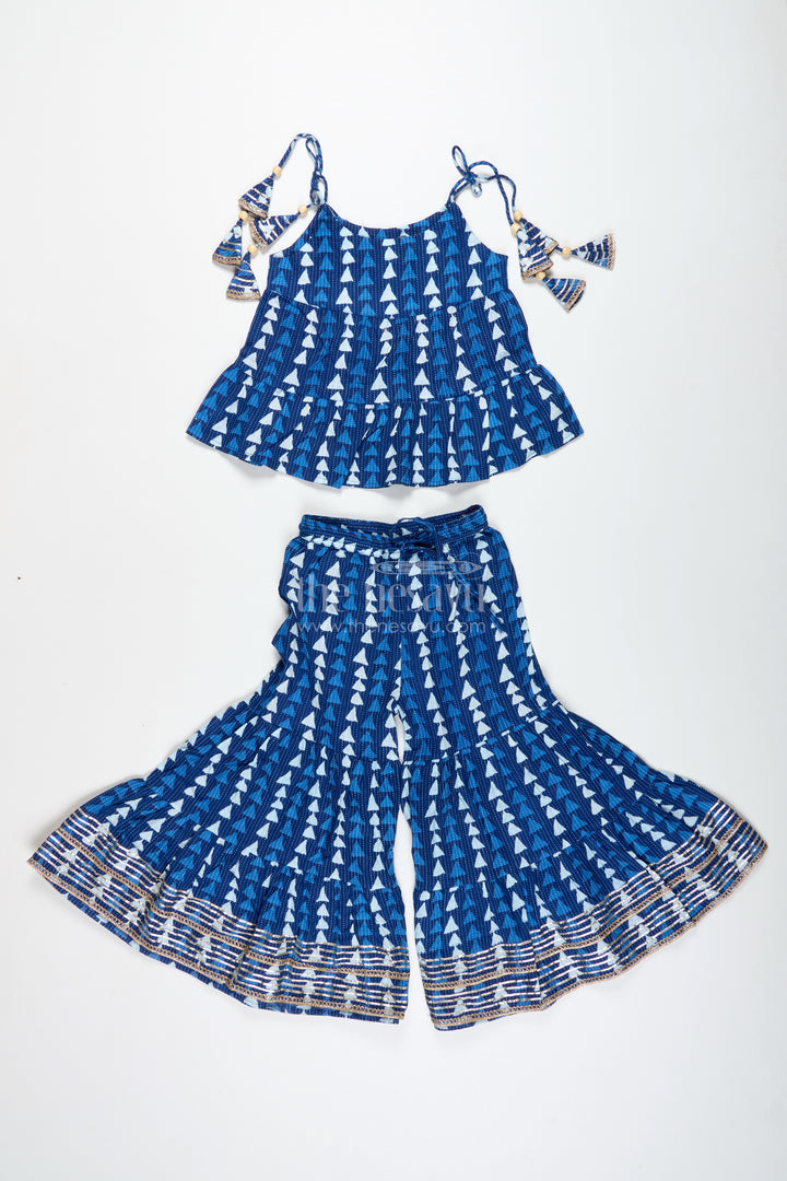 Girls Blue Ethnic Cotton Skirt Set With Triangle Print