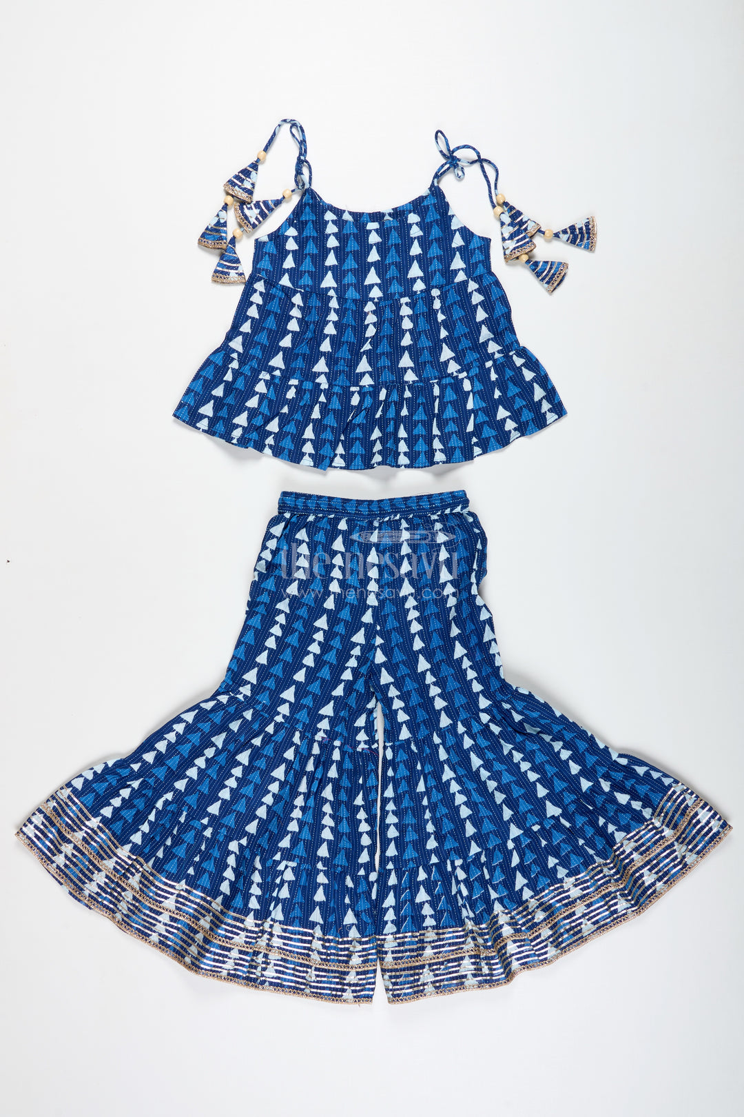 Girls Blue Ethnic Cotton Skirt Set With Triangle Print