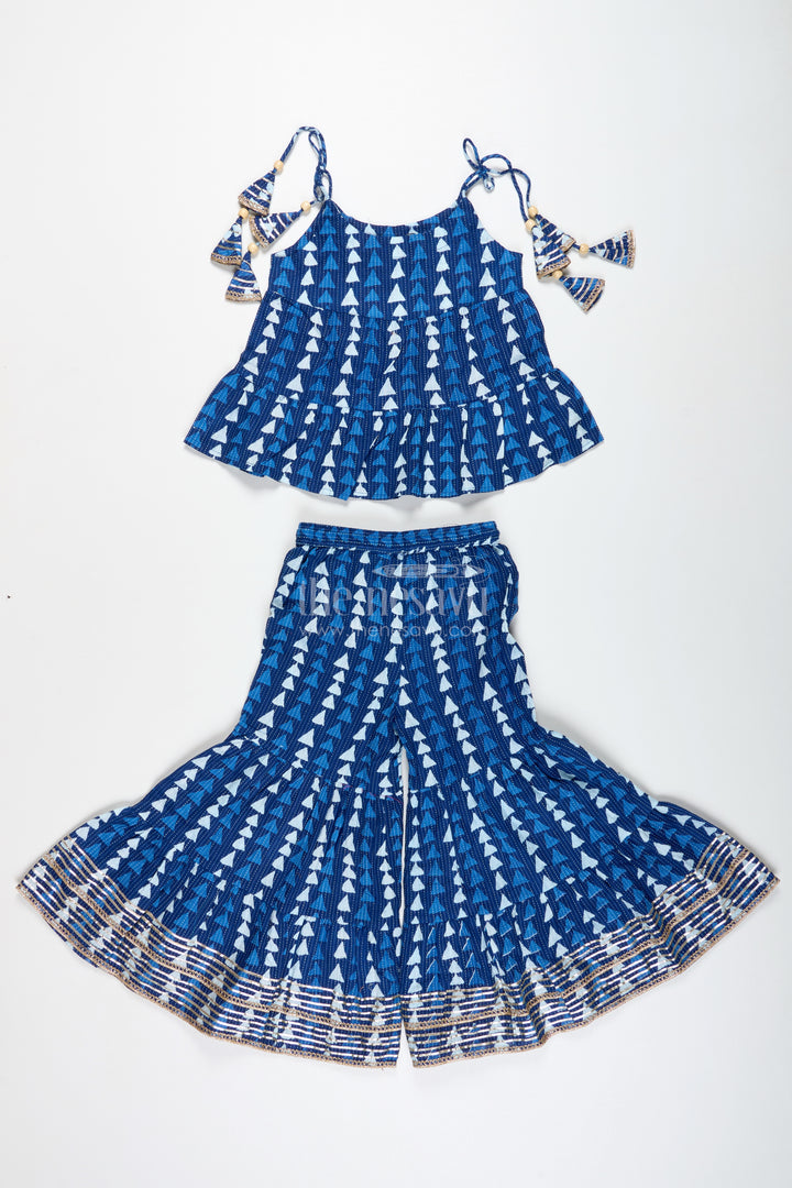 Girls Blue Ethnic Cotton Skirt Set With Triangle Print