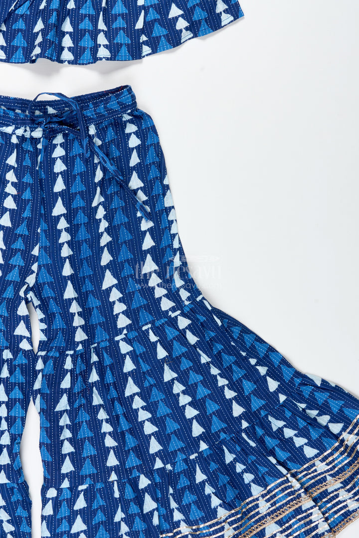 Girls Blue Ethnic Cotton Skirt Set With Triangle Print