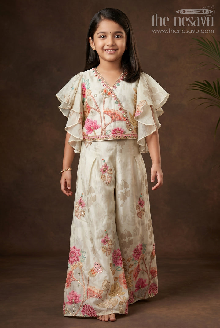 Girls White Floral Sharara Set with Puff Sleeve Blouse for Birthdays and Events