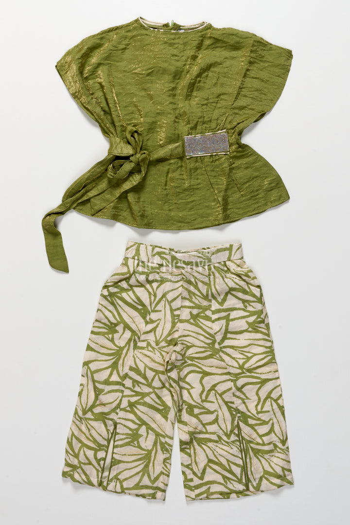 Girls Green Georgette Casual Set with Printed Bottoms for Everyday Ethnic Wear