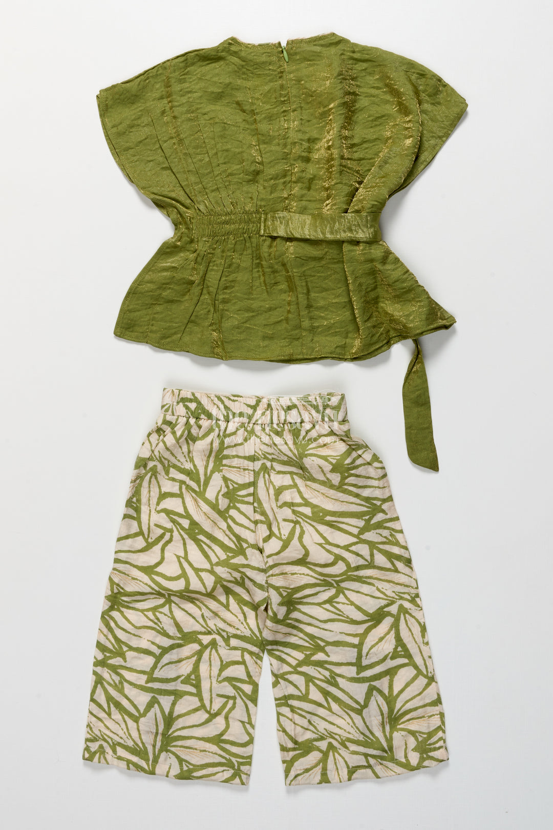 Girls Green Georgette Casual Set with Printed Bottoms for Everyday Ethnic Wear