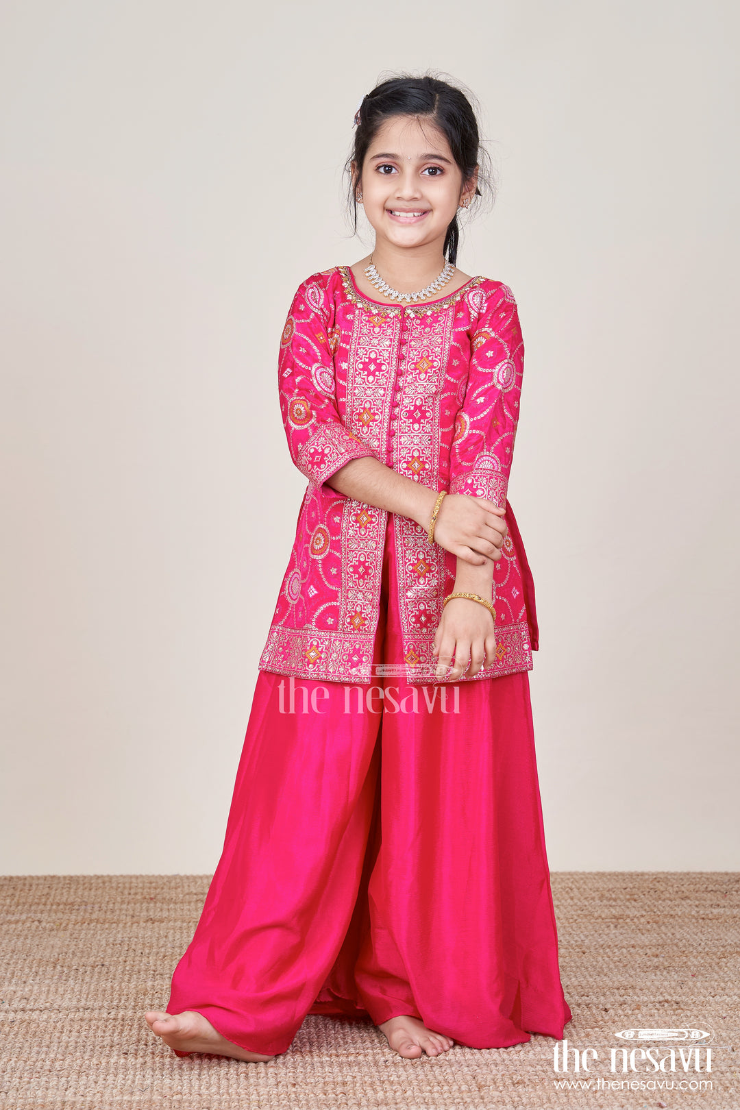 Girls Red Sharara Set with Embroidered Yoke for Weddings and Festive Wear