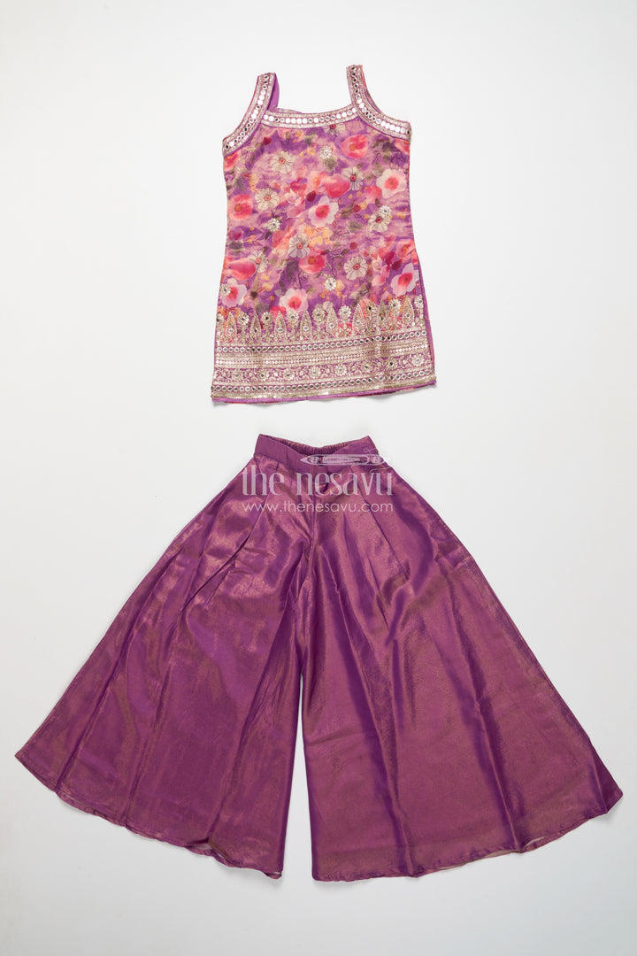 Girls sharara set in viscose silk with floral embroidery yoke