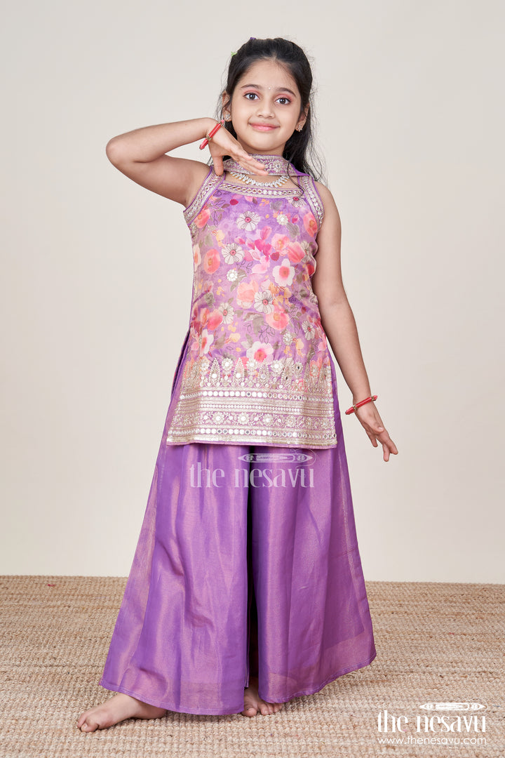Girls Sharara Set in Viscose Silk with Floral Embroidery Yoke