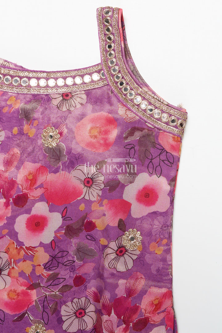 Girls sharara set in viscose silk with floral embroidery yoke