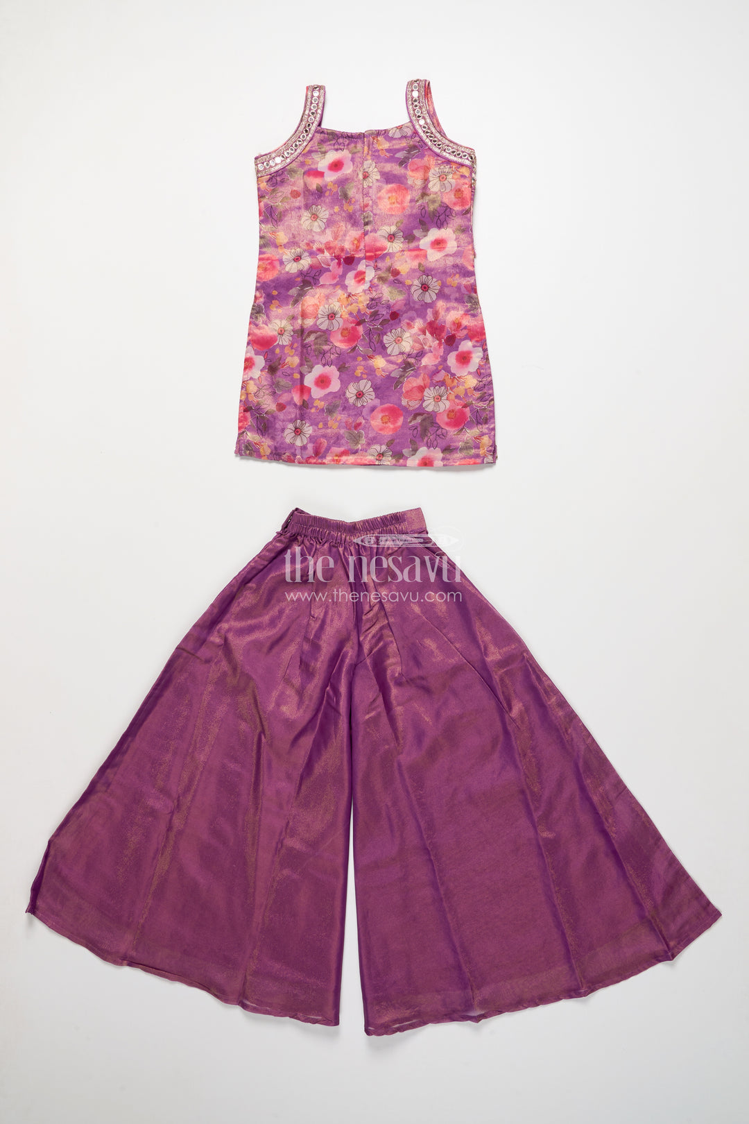 Girls sharara set in viscose silk with floral embroidery yoke