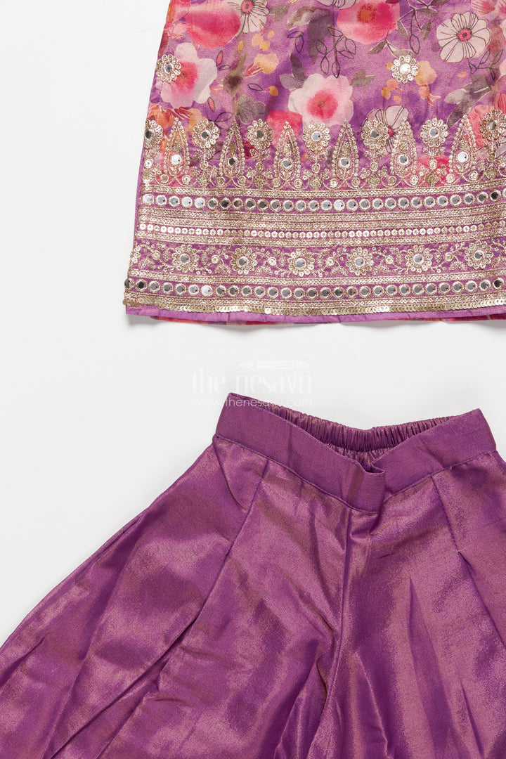 Girls sharara set in viscose silk with floral embroidery yoke