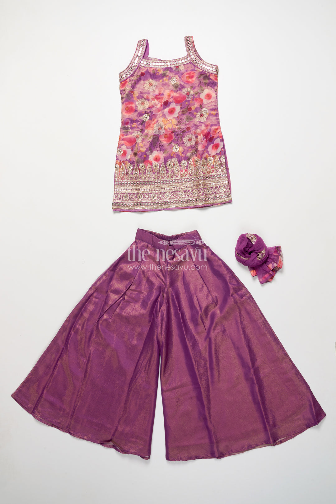 Girls sharara set in viscose silk with floral embroidery yoke
