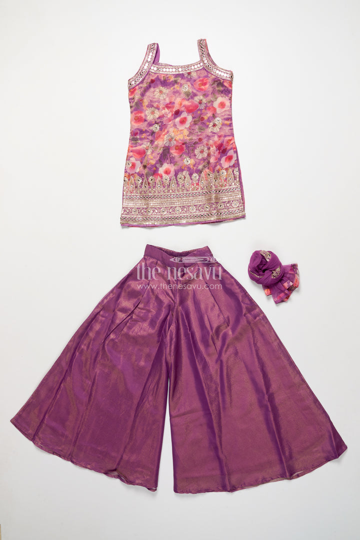 Girls sharara set in viscose silk with floral embroidery yoke