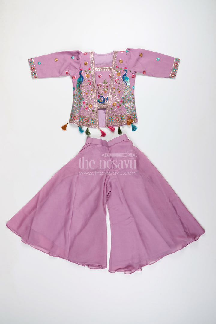 Ethnic plazo set with peacock-embroidered crop top – festive outfit for toddlers