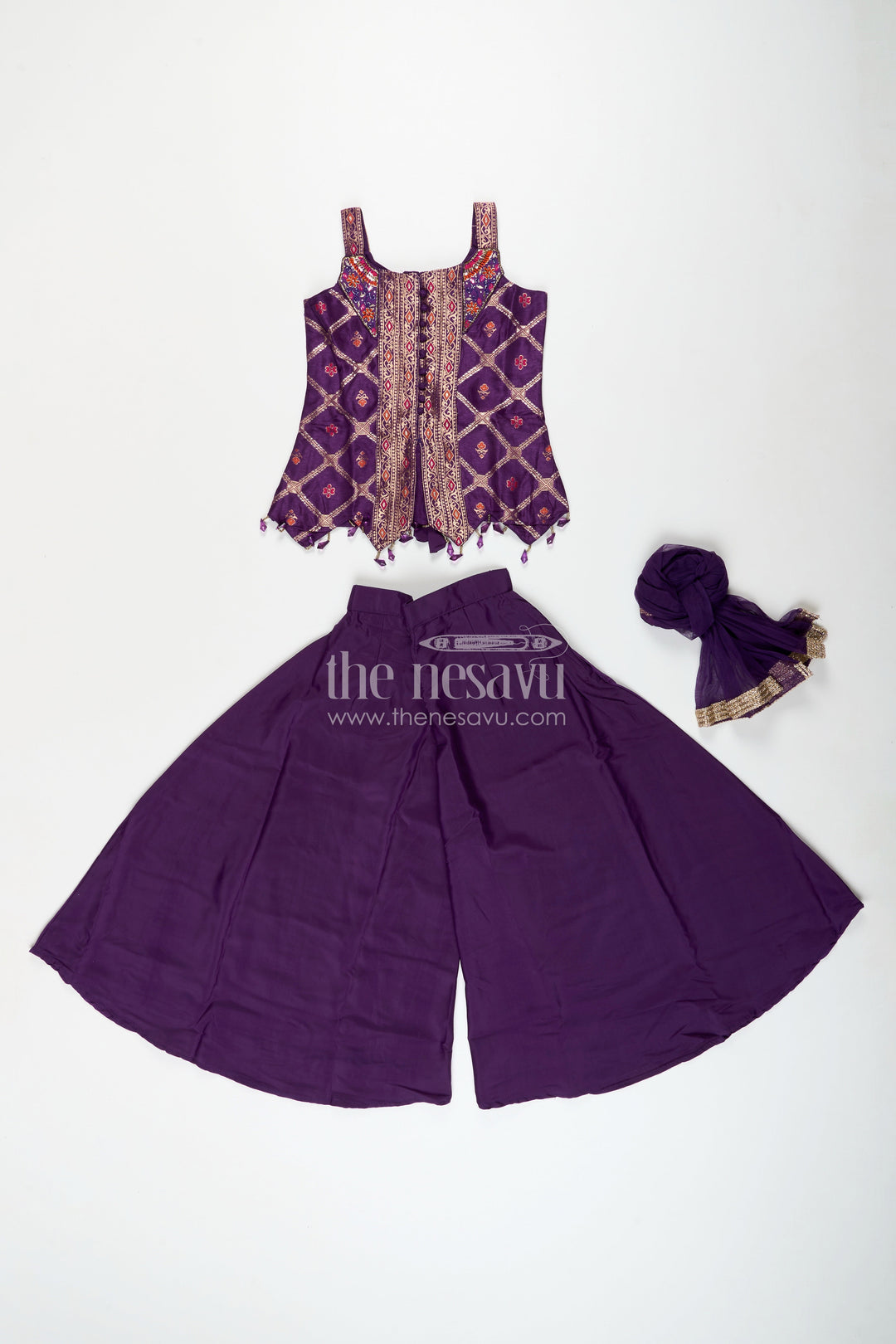 Girls purple sharara set with embroidered yoke for festive occasions