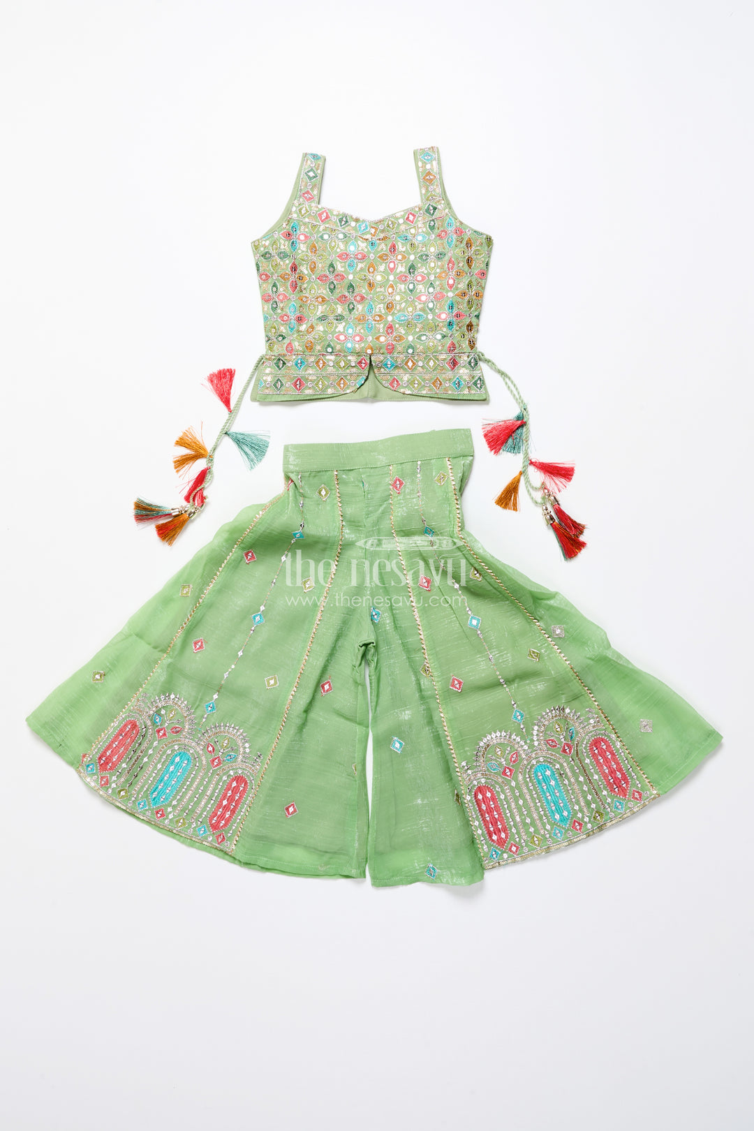Mirror embroidered green sharara set with colorful tassels